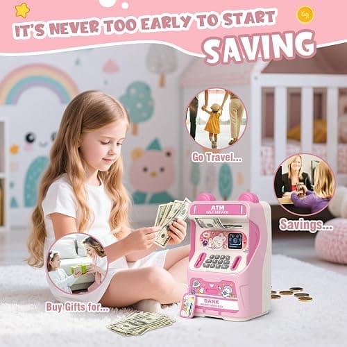 Rabbit ATM Piggy Bank for Girls with Automatic Bill Roller, Electronic Coin Bank with Simulated Card Slot & Facial Recognition, ATM Money Saving Box with Music Function for Kids(Pink) thumbnail 4