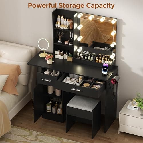 ERLEJIA Vanity Desk with Mirror and Lights, 39.37" 4 Drawers Makeup Desk Without Stool, Extra Foldable Desk with 3 Open Shelves Make Up Table for Girls and Ladies Bedroom, Black thumbnail 5