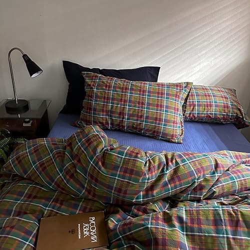 MKXI Buffalo Plaid Duvet Cover Set 3 Piece Vintage Bedding in Kelly Green, Navy & Red | 100% Washed Cotton Reversible Design with Zipper Closure & Corner Ties,Shabby Chic Aesthetic for Full thumbnail 6
