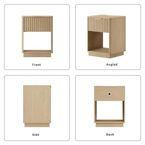 FavourLife 18"W Modern Fluted Nightstand with Charging Station, Natural Oak | Bedroom, Sofa, Home Office, FSC-Certified MDF, Curved Corner, Metal Handle, Open Shelf, Night Stand, End Table,Bed Side Table thumbnail 7