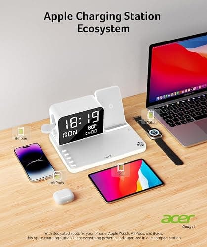 Acer 7-in-1 Wireless Charging Station with LED Clock - 30W Fast Wireless Charger for iPhone 16/15/14/13/12/Pro Max, Apple Watch, AirPods - Bluetooth Auto Time Sync & Night Lights (White) thumbnail 3