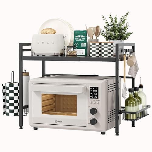 NETEL 2 Tier Expandable Microwave Stand countertop,Microwave Oven Rack | microwave shelf, storage shelf for pans &appliances,with Paper Towel Holder and Baskets,8 Hooks,55lbs max load,Black - Image 1