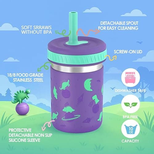 Sursip Stainless Steel Toddler Cups with Straws and Lids, Spill Resistant Sippy Cup Kids Tumbler with Silicone Straws for Smoothie, Drinking, Snacks, BPA-Free, Dishwasher Safe - 10 oz (4 Packs) thumbnail 3