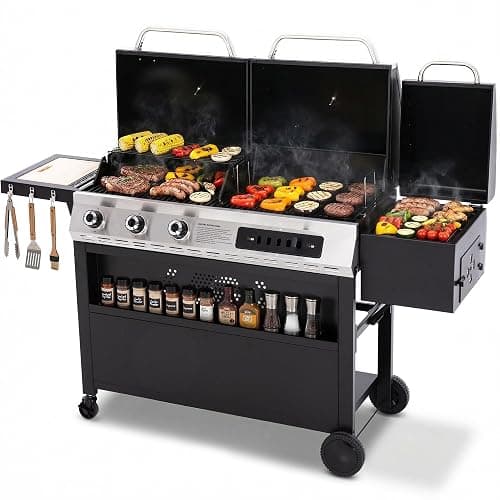 Sophia & William 3-Burner Gas and Charcoal Grill Combo with Offset Smoker - Dual Fuel BBQ Grill, 840 sq. in. Cooking Area, Heavy Duty Propane Barbecue for Outdoor Patio Cooking, Black - Image 1
