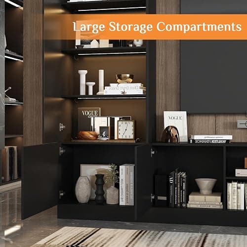 WOODTIME 114" Large Wall Unit Entertainment Center with Bookshelves, Lights and 18 Shelves, Modern 4-Piece TV Stand Media Console Table with Bridge Cabinet for Living Room & Home Theater, Black thumbnail 6
