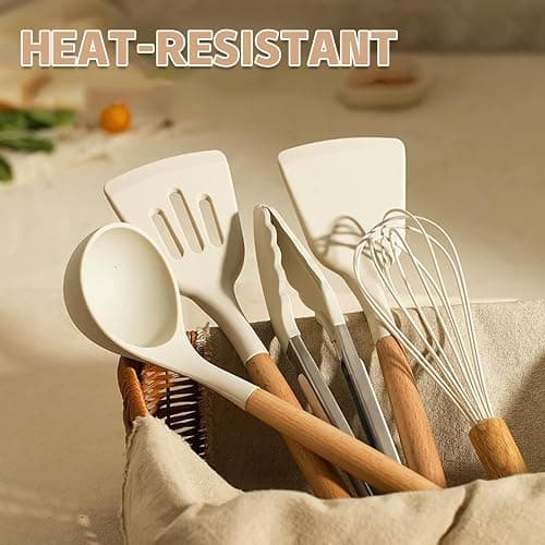 Umite Chef Kitchen Cooking Utensils Set, 33 pcs Non-stick Silicone Cooking Kitchen Utensils Spatula Set with Holder, Wooden Handle Silicone Kitchen Gadgets Utensil Set (Cream White) thumbnail 5