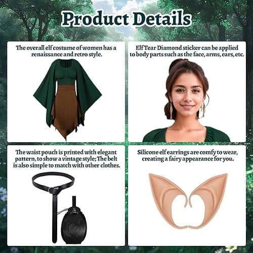 HODBLKT 8PCS Women Elf Costume Renaissance Traditional Irish Dress Fairy Costume Halloween Medieval Dress thumbnail 6