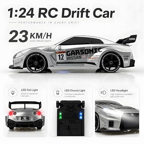 XGUICHEEN RC Drift Car, 1:24 Scale Remote Control Vehicle with LED Lights,Drifting Tires＆Two Batteries, Racing Sports Toy Idea Gift for Adults Boys Girls and Kids thumbnail 5