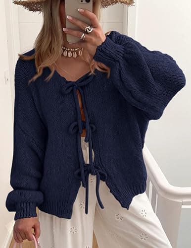 PRETTYGARDEN Women's Tie Front Bow Cardigan Sweaters Chunky Knit Long Puff Sleeve Trendy Fall Winter Jacket Coats thumbnail 8