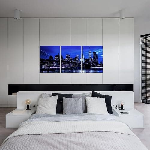 sechars New York City Wall Art Canvas Black and White Blue Brooklyn Bridge Night Skyline Picture Print Modern Cityscape Painting for Home Office Decor (Small) (Blue) thumbnail 5