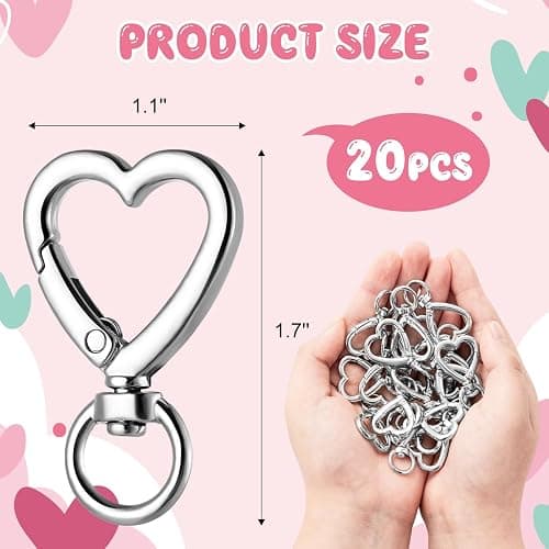 Metal Heart Shape Keychain, 20pcs Sliver Heart Carabiner Clips for Keys, Snap Hook Keychain Clip for Wristlets, Card Holders and Picture Keychains thumbnail 3
