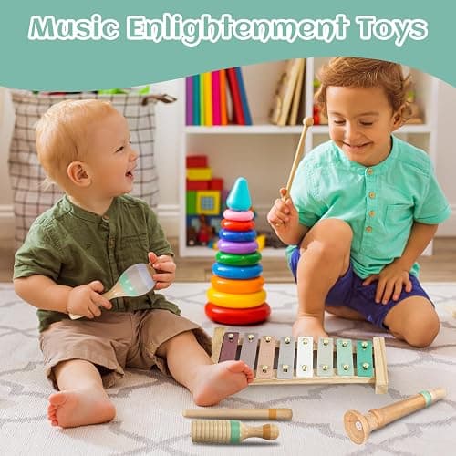 Raimy Musical Instruments Set - Neutral Colors Wooden Montessori Toys Percussion Music Modern Boho Xylophone Birthday Gifts for 1 2 3 Year Old Kids Baby Toddlers Boys Girls 3+ with Storage Bag thumbnail 6
