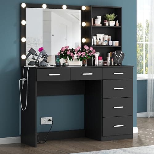 Gyfimoie 39 Inches Black Vanity Desk with Lights, 6-Drawers Makeup Vanity Table with Power Strip and Storage Shelves, Dressing Table with Lighted Mirror for Women Girls (Black) - Image 1