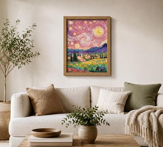 Framed Impressionist Pink Starry Sky Rural landscape Canvas Wall Art | Vibrant Colors Landscape Decor Picture Romantic Countryside Mountain Field Poster Prints for Art Lover Room Home Decoration thumbnail 5