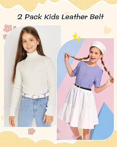AWAYTR 2 Pack Girls Leather Belt for Kids Jeans with Gold Square Buckle - Fit Waist: 26"-30" - Black+white thumbnail 4