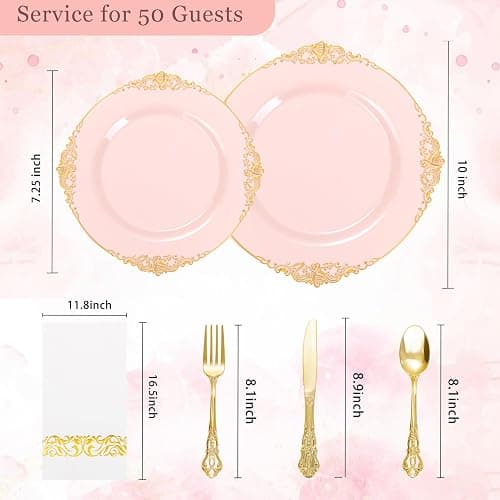 Ciaell 300PCS Pink and Gold Plastic Plates - Pink Disposable Dinnerware Sets for 50 Guests - 100 Plates, 50 Knives, 50 Forks, 50 Spoons, and 50 Napkins for Wedding, Anniversary & Party thumbnail 3