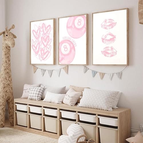 3Pcs Trendy Pink Preppy Canvas Wall Art Light Pink Cute Girly Lips Lucky 8 Ball Hearts Paintings Pictures Wall Decor Coquette Poster Printing Artwork for College Dorm Room Bedroom Home Decoration thumbnail 9