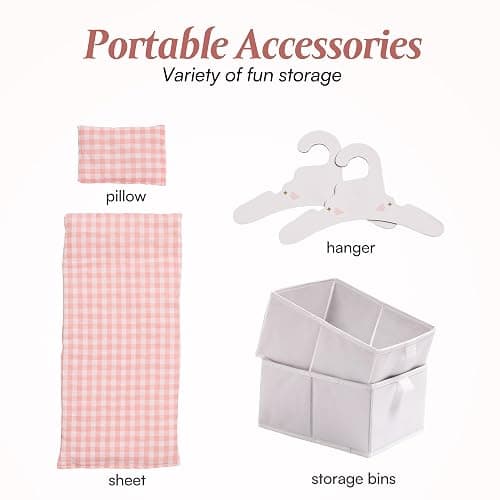 ROBOTIME Baby Doll Crib, Wooden Doll Bed, Toy Baby Crib with Storage, Bedding, and Wooden Hooks, Doll Crib Fits Dolls up to 21", Doll Furniture for American Girls Ages 3+ (Pink) thumbnail 4