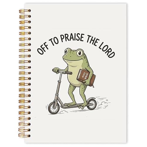 OJMFHEGEE Funny Christian Frog Spiral Notebook 5.5x8.3 in, Off To Praise The Lord Frog Hardcover Notebook Journal Gifts for Women Men, Bible Prayer Journal for Women Men - Image 1