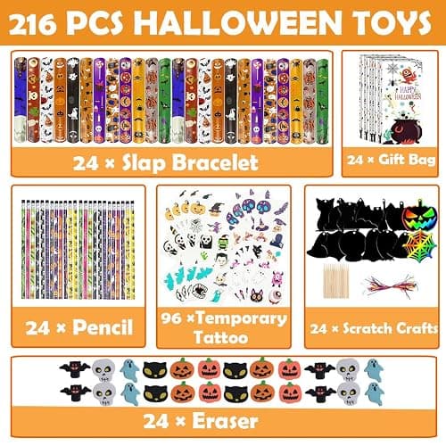 WOONOO 24 Pack Halloween Goodie Bag Stuffers Stationery Set, Assorted Halloween Party Favors for Kids Toys Bulk Non Candy Halloween Treats Pencils, Eraser, Slap Bracelets thumbnail 4