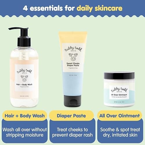 TUBBY TODD Baby Bundle Newborn Skin Care Set - Hypoallergenic Hair + Body Wash, All Over Ointment with Colloidal Oatmeal, Sweet Cheeks Diaper Paste - Fragrance Free, Standard Size thumbnail 3