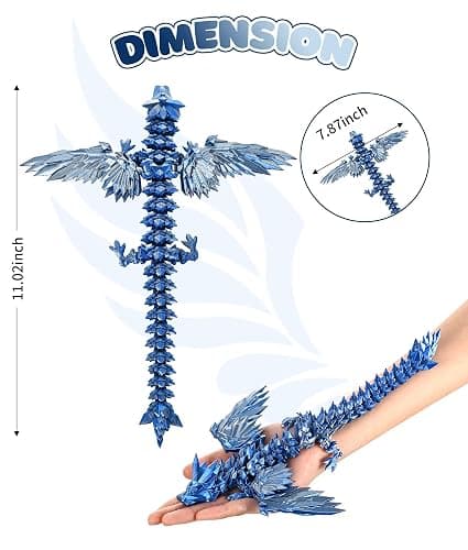 GemmiCho 3D Printed Dragon with Wings, 11" 3D Printed Dragon Toys, 3D Dragon for Stress Relief, 3D Printed Animals Figurines Fidget Dragon Toys (Silver Blue) thumbnail 2