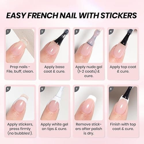 Beetles French Gel Polish Set - White Nude Pink Gel Nail Polish Soak Off UV LED French Tip Manicure with 2 French Manicure Nail Art Sticker Sheets, Classic French Nail Kit for DIY at Home or Salon thumbnail 6