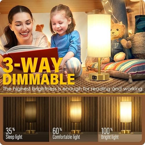 Bedside Lamp with USB port - Touch Control Table Lamp for Bedroom Wood 3 Way Dimmable Nightstand Lamp with Round Pleated Shade for Living Room, Dorm, Home Office (LED Bulb Included) (Pleated) thumbnail 2