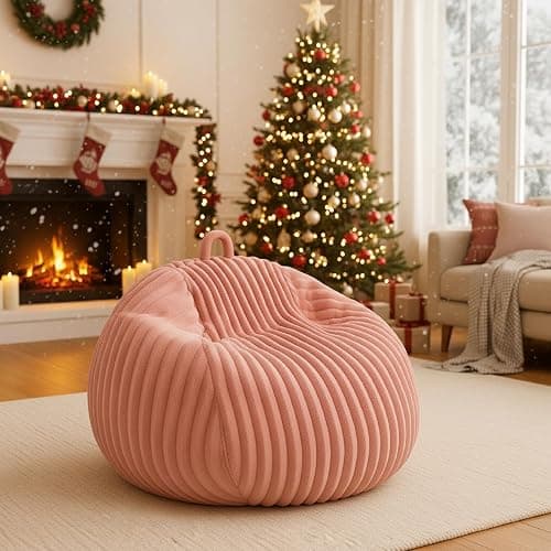 Honeydak Ribbed Rabbit Fur Stuffed Animal Storage Bean Bag Chair Cover (No Filler) Comfy Bean Bag Cover Without Filling or Home Bedroom Decor Organizing Plush Doll Textile Holder(Pink,L) - Image 1