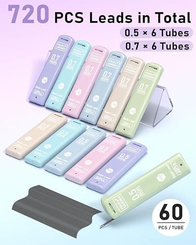 Four Candies 0.5/0.7mm Lead Refills in Case, Pack of 720 PCS Black HB #2 Break Resistant Mechanical Pencil Refills, 12 Tubes (6 of Each Size), 60 Pieces per Tube thumbnail 3
