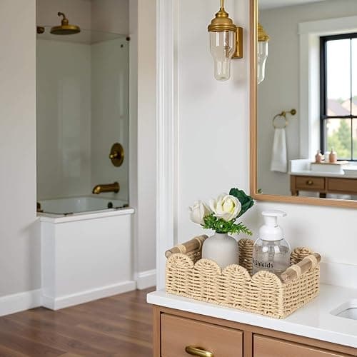 CubesLand Scalloped Edge Toilet Paper Storage Basket, Living Room Home Cozy Decor Basket, Paper Rope Small Baskets for Over Toilet Storage Shelf, End Table, Shelves, with 2 Wooden Handles, Beige thumbnail 7
