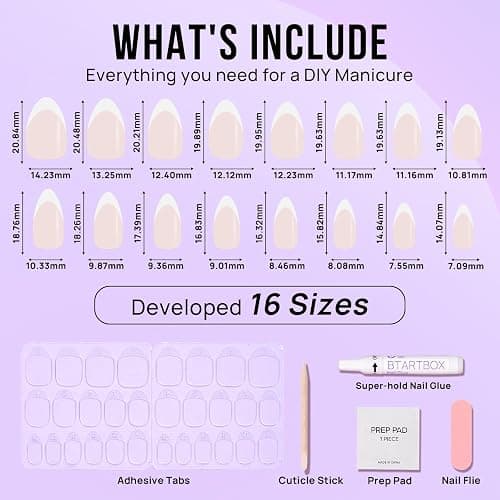 BTArtbox Press On Nails, White French, Short Almond, French Tip, 32Ct | Lamp-Curable 4-Week Wear, Salon-Quality Natural Nails, 10-Minute Easy Daily Application, 16 Sizes, All-in-One Complete Kit thumbnail 5