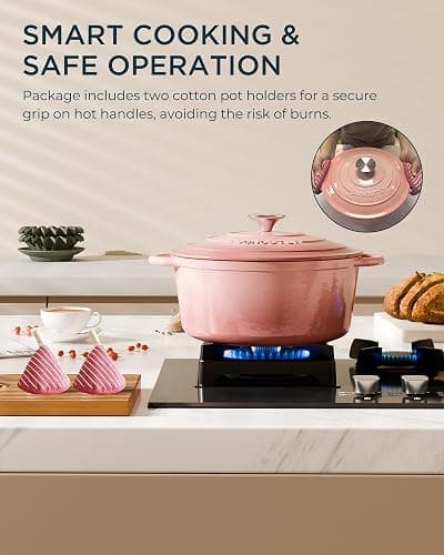Enameled Cast Iron Dutch Oven - 6QT Dutch Oven Pot with Lid & Cotton Potholders - Heavy-Duty Non Stick Casserole Pot for Braising, Stews, Roasting, Baking, Suitable for All Stovetops, Gentle Pink thumbnail 8