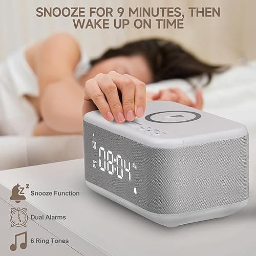 Fansbe Tech Alarm Clock Speaker Wireless Charger, Digital Alarm Clocks Bedrooms Bluetooth, Alarm Clock Dimmable Light Bedrooms Dual Alarm Snooze Dimmer 12 24H RGB Night Light Bluetooth USB AUX, Gray - Gray thumbnail 4