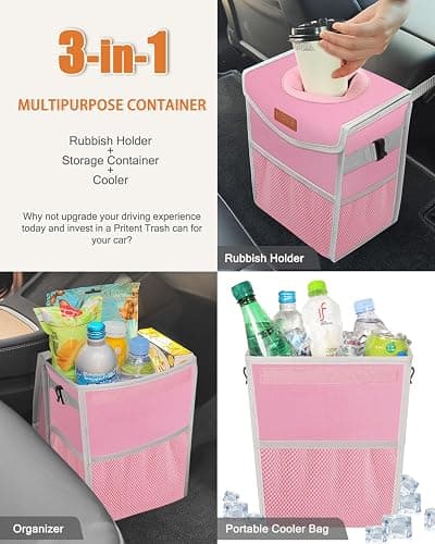 Pritent Car Trash Can with Lid, Cute Leakproof Car Trash Garbage Bag Hanging Vehicle Trash Bin Small Portable Automotive Garbage Cans Organizer for Back/Front Seat(Trapezoid,Pink thumbnail 5