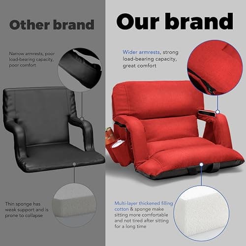 Extra Wide Stadium Seats With Back Support 2 Pack, Exclusive "Sofa Style" Design Thick Bleacher Chairs With Back and Cushion, 6 Reclining Positions - Ultimate Comfort for Sports Events (Red, 25") thumbnail 3