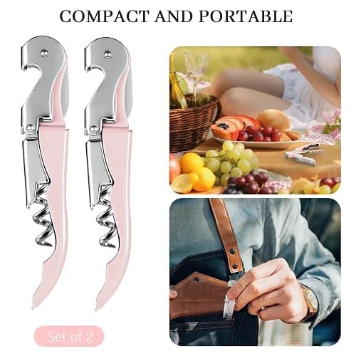 HYZ 2-Pack Wine Opener Waiter Corkscrew, Professional Wine Key for Servers, Bartender with Foil Cutter, Manual Wine Bottle Opener Double Hinged (Pink) thumbnail 6