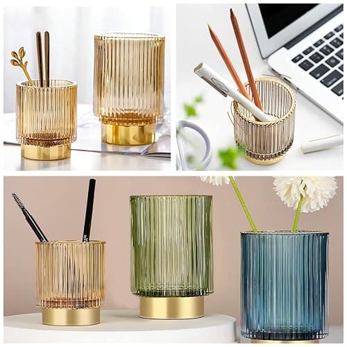 DASITON Makeup Brush holder Organizer,Crystal Cosmetic Makeup Brush Glass Brushes Storage Holder, Vintage Make Up Brush Cup Pen Pencil Holder striped vase(Coffee S＋L) thumbnail 4