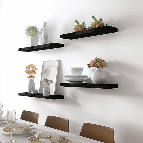 YFYEO Black Wood Floating Shelves for Wall Rustic Wall Shelf for Bedroom Living Room Set of 4 thumbnail 2