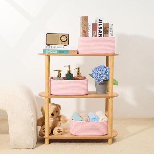MiniArk Small Storage Baskets for Organizing | Closet Organizer Bins | Shelf Toy Basket | Woven Rope Baskets | Cube Decorative Box | Shallow Basket | 11.5x7.5x4.7” | 3 Packs Light Pink thumbnail 6