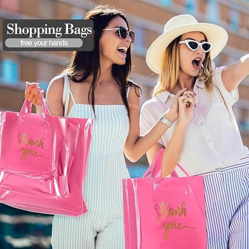 Teling 200 Pcs Thanks Bags with Handle Bulk Thank You Merchandise Bags 3 Size Plastic Packet Retail Shopping Package for Boutique 9 x 12'', 12 x 15'', 15 x 18''(Pink) thumbnail 6