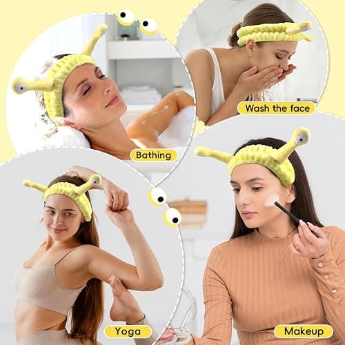 Face Wash Headband, Skincare Wrist Bands For Washing Face Set Spa Hair Bands come with a Hair Scrunchie, Cute Yellow snail tentacle Elastic Headband, For Face Washing Makeup Skincare (Yellow) thumbnail 6