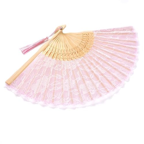 choyaxo Lace Handheld Chinese Folding Fan Bamboo Silk Folding Fan for Women Wedding Decoration Dancing Party,Pink thumbnail 6