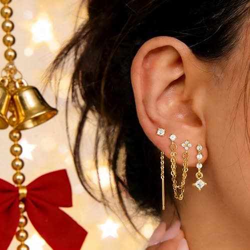 Moodear Dangle Earrings 3/4 Pairs Dainty 14K Gold Plated Earrings for Women Trendy Chain Earring Stacks Set Cubic Zirconia Drop Hoop Stud Hypoallergenic Earrings for Women Jewelry Gifts thumbnail 3
