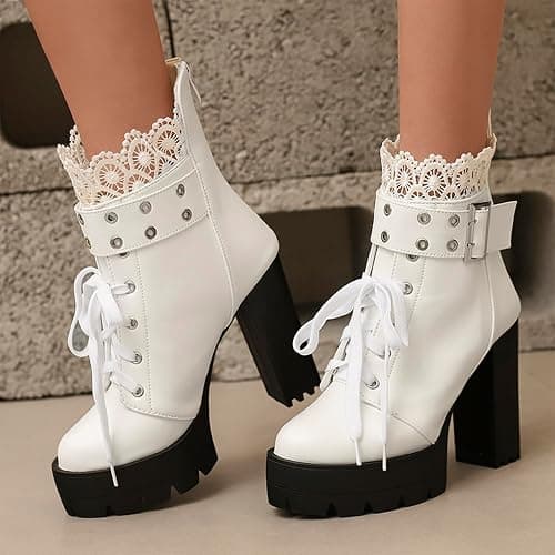 MEOTINA Goth Platform Boots Lace Buckle Gothic Cosplay Booties Chunky High Heels Ankle Boots Zipper Punk Shoes thumbnail 3