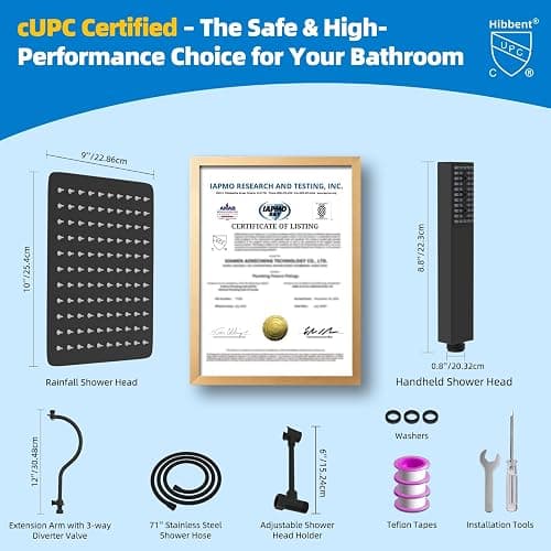 Hibbent All Metal cUPC Certified Shower Head, 10'' High Pressure Rainfall Showerhead Combo, Handheld Shower Wand, 12'' Adjustable Extension Arm, 4-Spray, 71'' Hose, Brass Shower Holder, Matte Black thumbnail 3