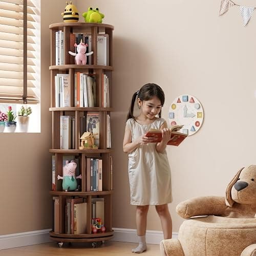 Muwuele Solid Wood Rotating Bookshelf on Wheels, 5 Tier, Round Revolving Bookcase, 360° Spinning Book Shelf Tower for Kids, Narrow Rolling Bookshelves for Small Space, Corner, Bedroom, Office, Walnut thumbnail 3