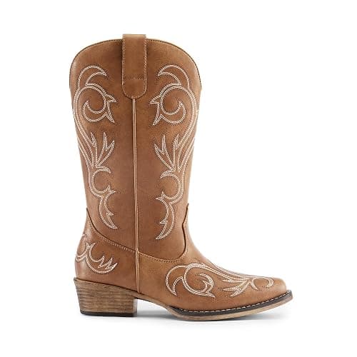 DREAM PAIRS Women's Cowboy Boots Mid Calf Cowgirl Boots Square Toe Chunky Heel Embroidery Stitched Western Boots thumbnail 4