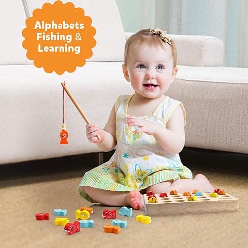 Coogam Wooden Magnetic Fishing Game, Fine Motor Skill Toy ABC Alphabet Color Sorting Puzzle, Montessori Letters Cognition Preschool Gift for Years Old Kid Early Learning with 2 Pole thumbnail 3