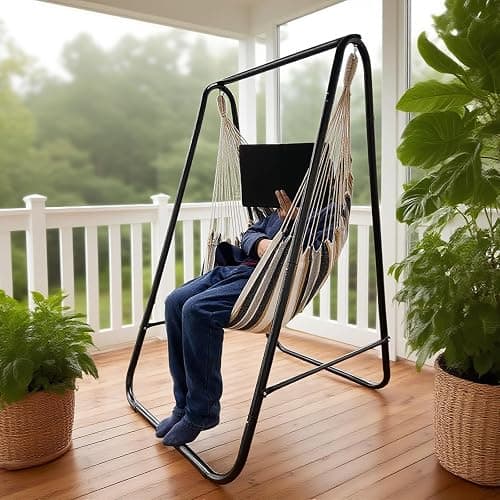 Hammock Chair with Stand,Hammock Chair Stand with Hanging Swing Chair Included,Weather Resistant Hammock Stand Max 450 Lbs,Saving Space Swing Stand for Indoor Outdoor Patio Yard Patented(Coffee) thumbnail 9